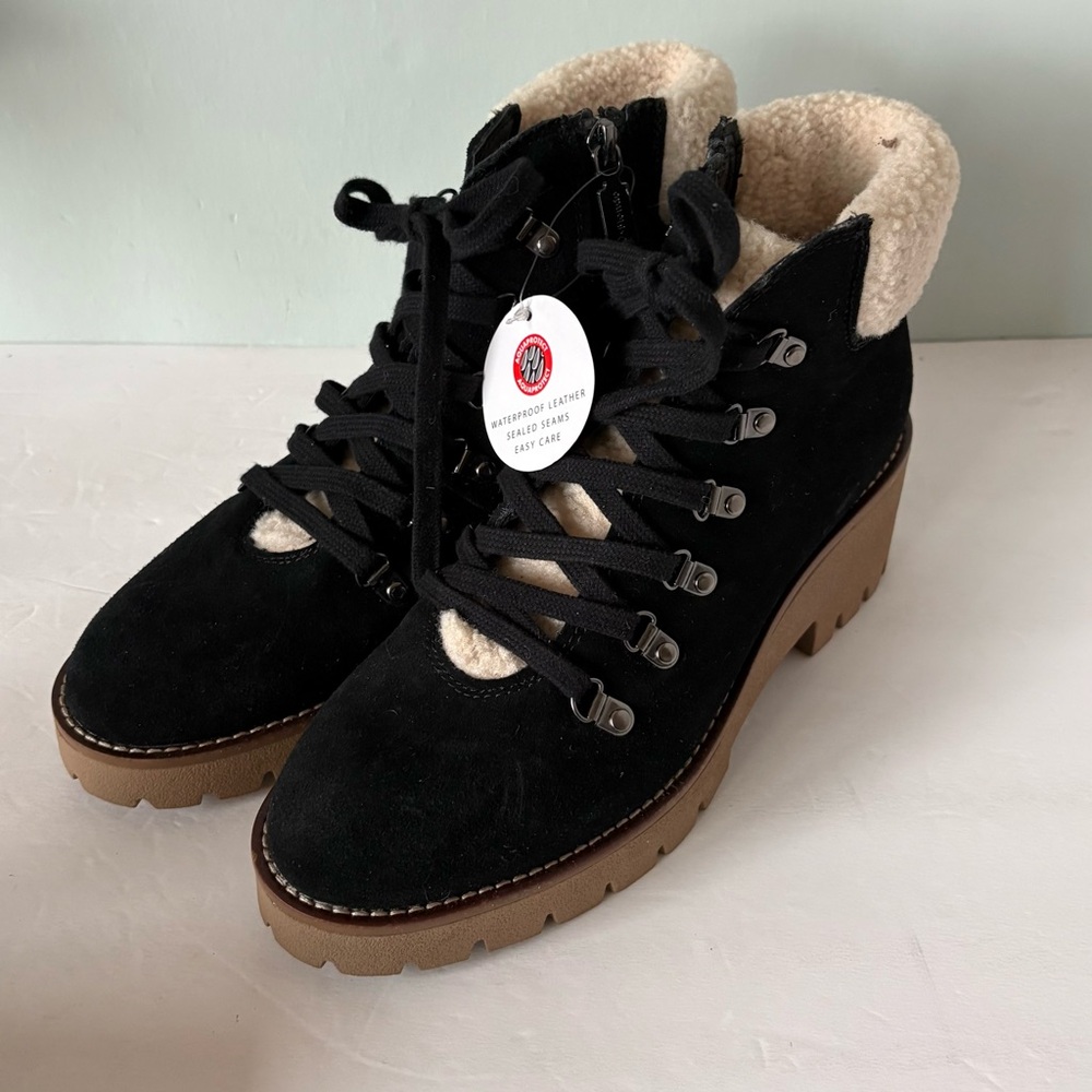 Blondo Black Suede Lace-Up Sherpa Hiking Boots with Tan Lug Sole